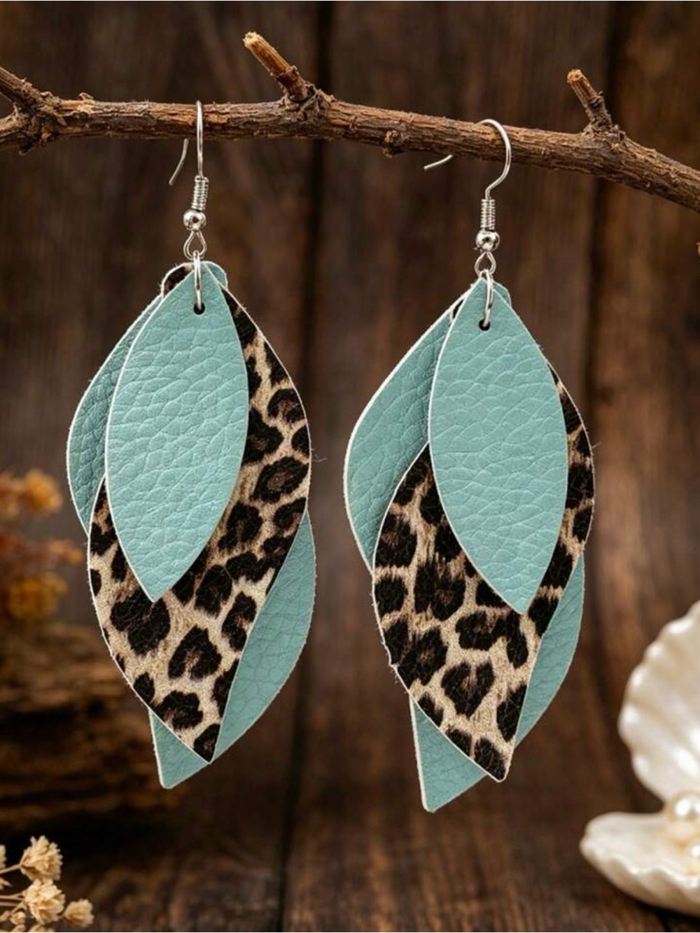 Teal and Leopard Layered Leather Leaf Earrings - Women Jewelry